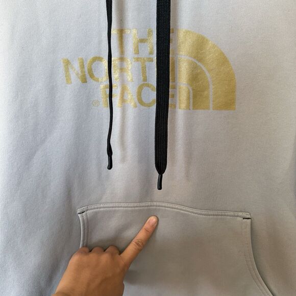 North Face Gray Gold‎ Hoodie Pullover Sweatshirt Pockets Sz L Please Read - Picture 4 of 14